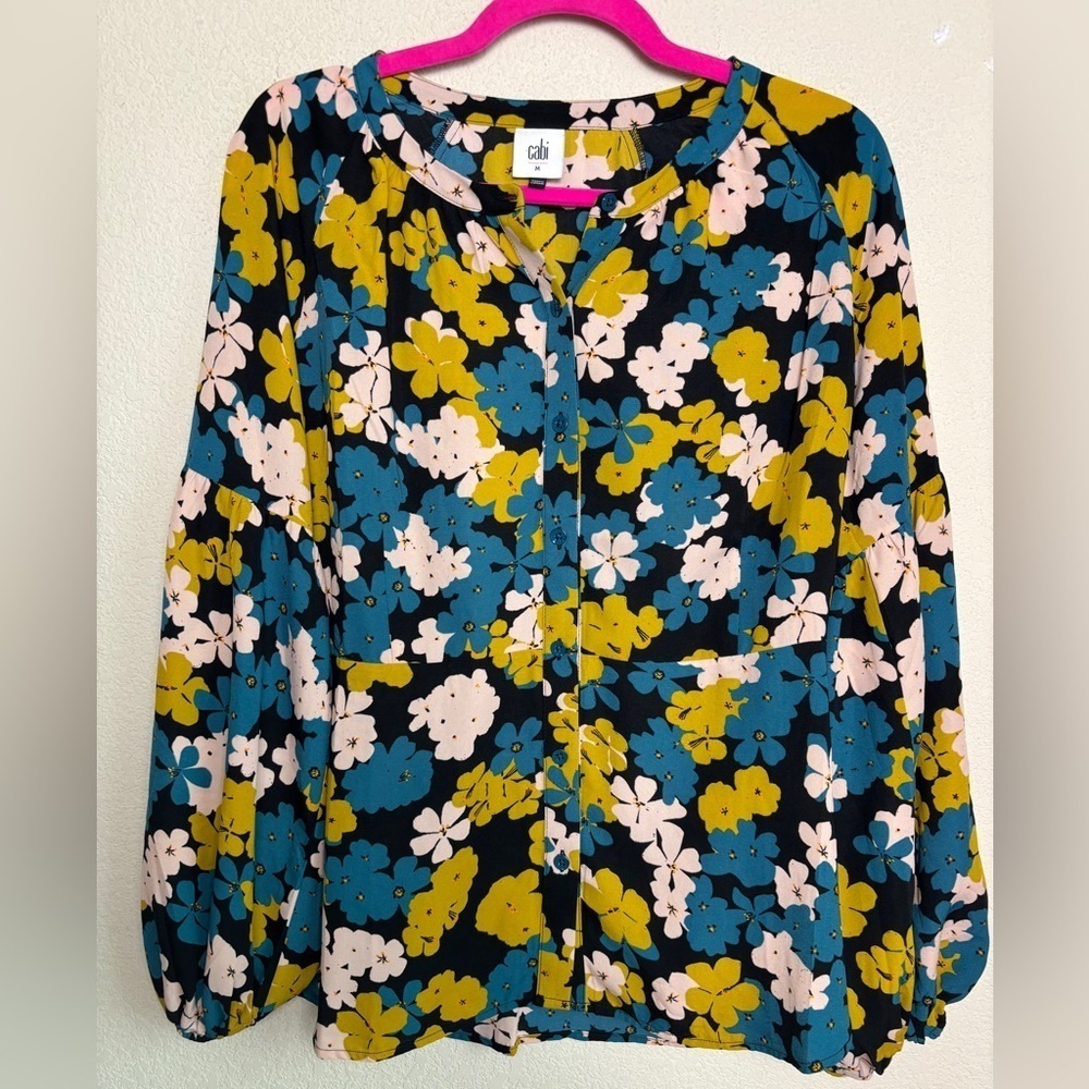 CAbi Floral Button-Front Blouse in Teal, Mustard & Blush on Black